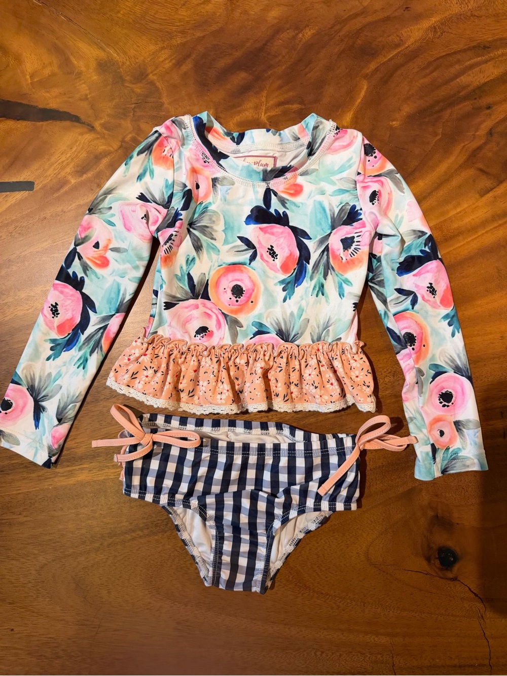 cheeky plum Floral Ruffle Rashguard Set - Pink flowers and gingham bottom w ties